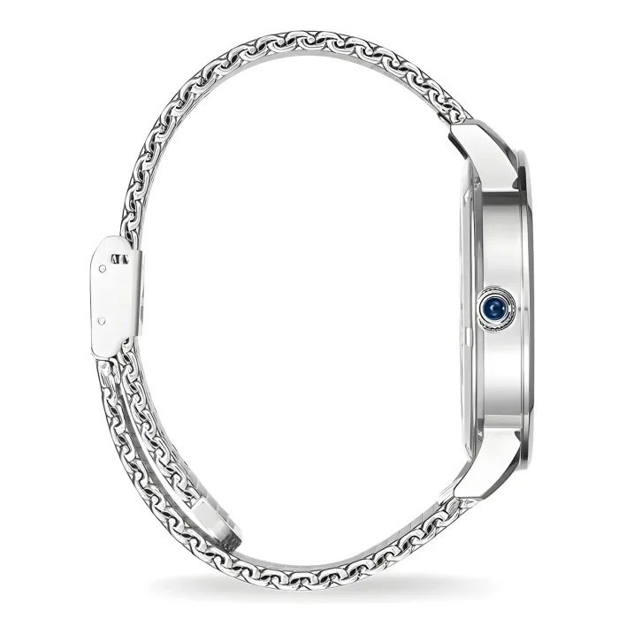 THOMAS SABO WA0268-3 Elegant silver watch with a chain-link bracelet, featuring a blue gemstone at the crown, shown from a side angle.